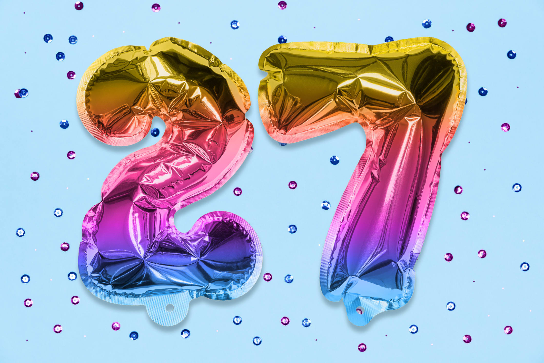 Rainbow foil balloon number, digit twenty seven